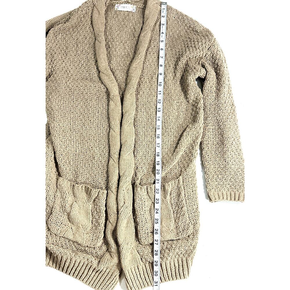 Pink Rose Beige Cable Knit Cardigan Sweater Small Open Front Longline Pockets - Picture 6 of 13